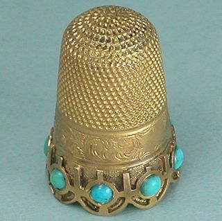 Antique Scallop Band 15 Kt Gold & Turquoise Thimble English Circa 1850