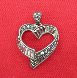 Vintage Sterling Silver Heart Pendant Charm Marcasites Art Deco Jewelry 455k