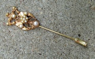 Vtg Signed Florenza Stick Pin Gold Tone Metal W/ Faux Pearls 3 " Tall X 3/4 " Wide