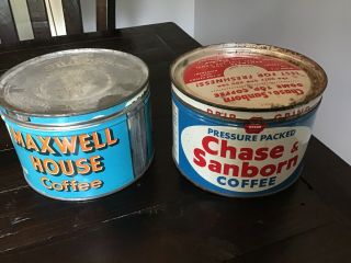 Vintage Coffee Tins - Chase Sanborn 1 Lb.  W/lid,  Maxwell House 1 Lb.  W/lid