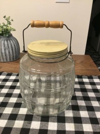 Vintage Glass Pickle Barrel General Country Store Jar W Wooden Handle