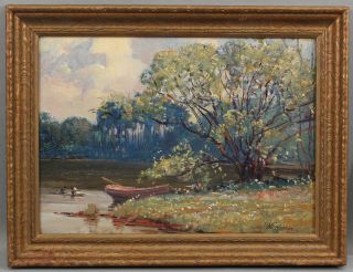 C1900 Antique Artist Signed Impressionist Landscape Oil Painting Rowboat & Ducks