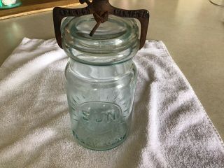 Antique Quart Sun Trade Mark Jp Barstow Fruit Jar With Iron Monier’s Clamp