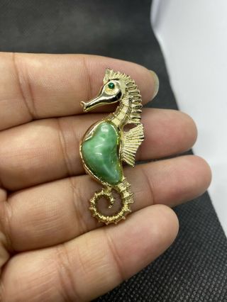 Vintage Seahorse Brooch Green Eye Peking Glass Belly Gold Tone Sea Horse 2