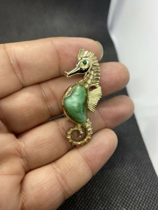 Vintage Seahorse Brooch Green Eye Peking Glass Belly Gold Tone Sea Horse 3