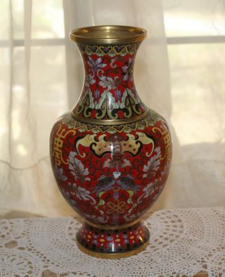 Antique Chinese Cloisonne Vase Red & Yellow With Koi Fish & Flowers 10 " Tall