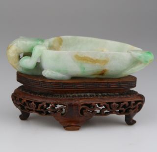 Antique Chinese Carved Green Jadeite Jade Brush Washer Wood Stand 19th C.  Qing