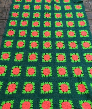 Vintage Afghan Crochet 3d Flower Granny Square Rosette Dark Green Dark Pink