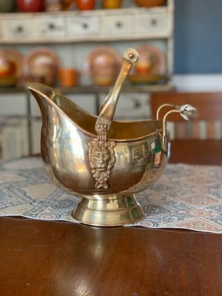Vintage Brass Coal Ash Scuttle Bucket Porcelain Handle Lion 