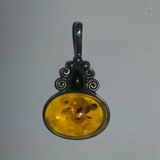 Vintage Signed Marked Sterling Silver Necklace Pendant Onyx Amber Large