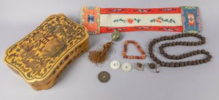 Chinese Antique Seed & Agate Prayer Beads With Lacquer Box