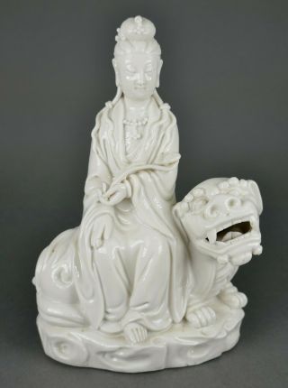 Fine Antique Chinese Blanc De Chine Dehua Porcelain Guanyin Temple Dog Figurine