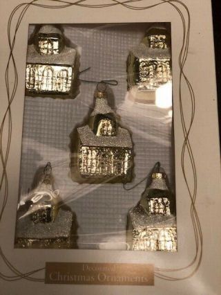Vintage Boxed Set Of 5 Gold Blown Glass Christmas Ornament Churches Euc From 1
