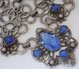 Antique Art Nouveau Deco Silver Plate Sapphire Blue Czech Glass Paste Necklace