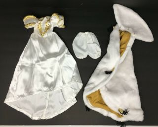 Vtg 3 Piece White Doll Princess Gown Dress Fur Cape Gold Lame Beads Underwear