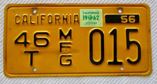 1956 California Mfg (manufacturer) License Plate,  General Motors,  Chevy,  Cadilla