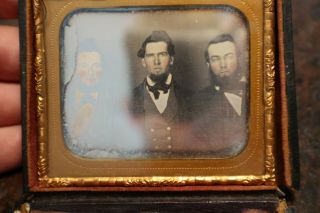 Antique 1/6th plate daguerreotype photo 3 brothers fancy hair clothes 3