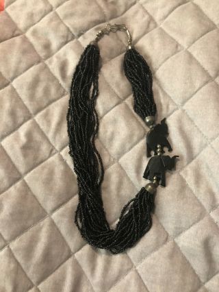 Vintage Black Multi Strand Seed Bead Necklace With Elephants