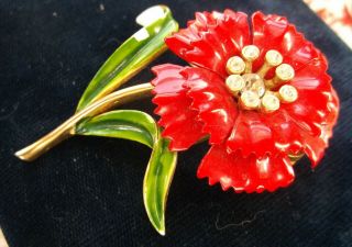 Vintage Crown Trifari Red Enamel Carnation Rhinestone Flower Brooch 1964