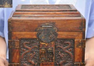 Old Chinese Dynasty Huanghuali Wood Carved Dragon storage Treasure chest cabinet 2
