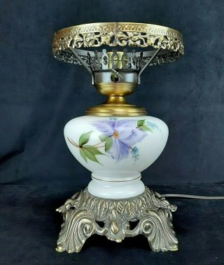 Vintage Gwtw Hurricane Table Lamp Base Only White Glass Purple Floral Metal 3way