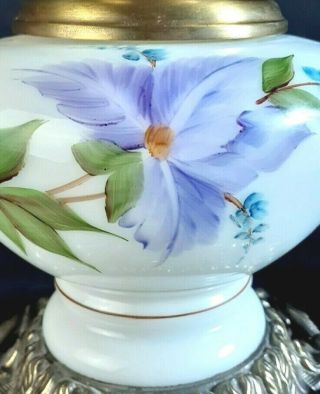 Vintage GWTW Hurricane Table Lamp Base Only White Glass Purple Floral Metal 3Way 2