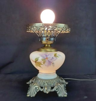 Vintage GWTW Hurricane Table Lamp Base Only White Glass Purple Floral Metal 3Way 3