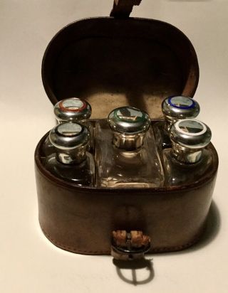 Antique Enamelled Silver Scent Bottles In Leather Case.  G.  Brace.  1899.  London.