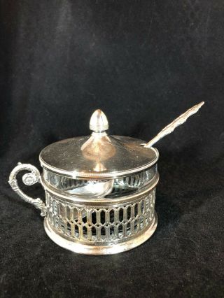 Vintage Silver Plate And Glass Sugar Bowl With Silver Plated Spoon