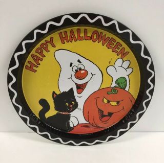 Vintage 1980s Happy Halloween Spooky Black Cat Pumpkin Metal Tray