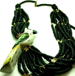 Vintage Hand Crafted Wood Bead Multi Strand Lg Bird Necklace Tribal Ethnic Boho
