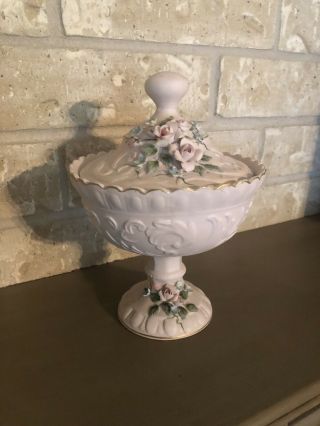 Lefton China Hand Painted Pedestal Pale Pink Bisque Vintage Candy Dish With Lid