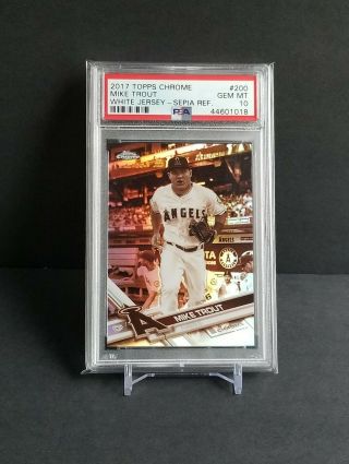 2017 Topps Chrome White Jersey Sepia Refractor 200 Psa 10 Gem Mike Trout
