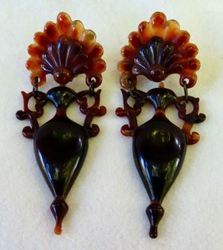 Antique Art Deco Faux Tortoise Shell Finely Carved Long Dangling Urn Earrings