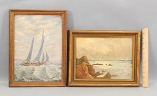 Antique C Maher American Maritime Coastal Seascape Racing Schooner Oil Paintings