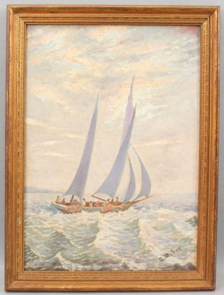 Antique C Maher American Maritime Coastal Seascape Racing Schooner Oil Paintings 2