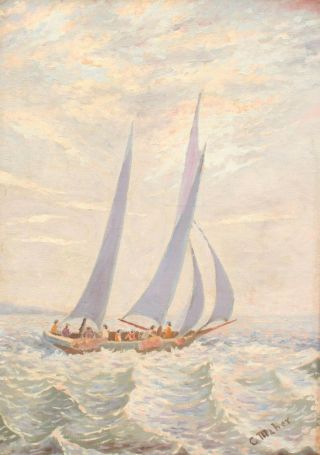 Antique C Maher American Maritime Coastal Seascape Racing Schooner Oil Paintings 3
