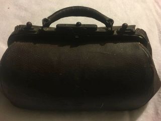 Antique Vtg Doctors Medical Bag Satchel Black Leather Metal Frame Wwii Steampunk