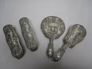 4 Antique Gorham Sterling Silver Vanity Brushes & Mirror W Repousse Flowers