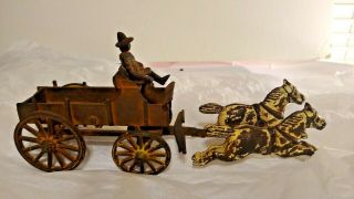Vintage Osco Cast Iron Horse Drawn Wagon Cart With Galloping Horses & Driver