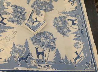 Antique Rare 1950 Table Cloth Reindeer Christmas 34” With Napkins