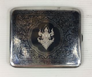 Antique Thai Nakon Siam Sterling Silver Black Enamel Cigarette Case 134g