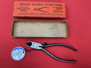 Vintage Nos Crescent Tool Co Jamestown Ny 942 - 6 Diag Cutting Pliers W/orig Box
