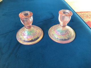 Vtg Lenox Imperial Glass Pink Iridescent Candle Stick Holders Pair Open Rose