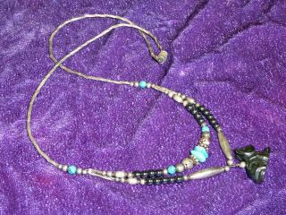 Vintage Silver Necklace With Turquoise And Hematite Beads And Dog Charm