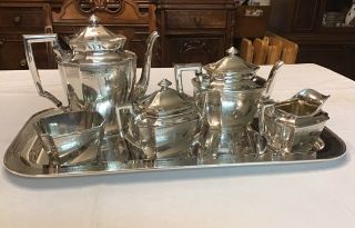Antique English Art Deco 7 Piece Silver - Plate Coffee & Tea Set Wi Water/tea Urn
