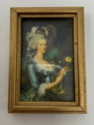 Vintage Dollhouse Miniature Framed Picture Of Lady In Blue Dress Portrait Art
