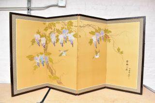 Vtg Japanese Chinese 4 Panel Folding Screen Byobu Painted 69x34 Antique Signed