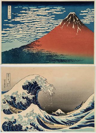 Hokusai Takamizawa Japanese Woodblock Print " Red Fuji " And " The Great Wave "