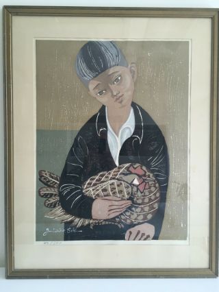 Jun - Ichiro Sekino Japanese Woodblock Print - Boy With Hen 69/100